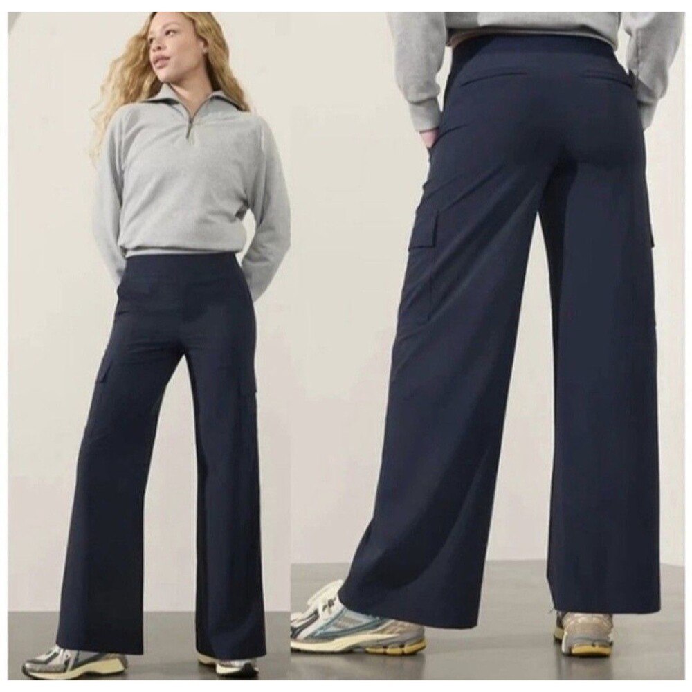 Athleta Cargo Pant Navy Blue Women 12 TALL Wide Leg Pull-On Athleisure Travel